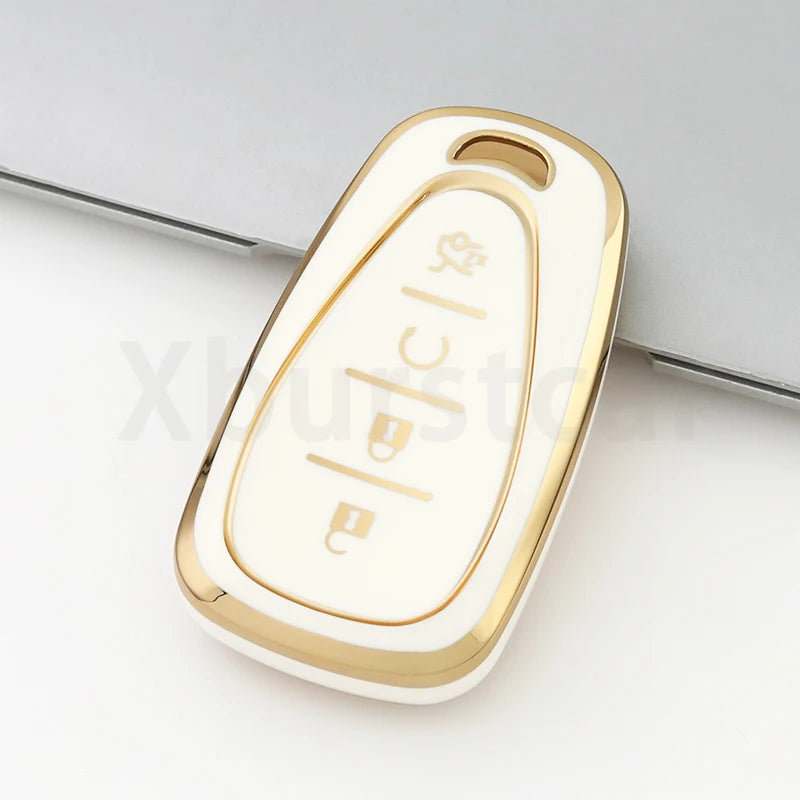 Weißes und goldenes 4-Tasten TPU-Schlüsselhalter für Chevrolet-Fahrzeuge.