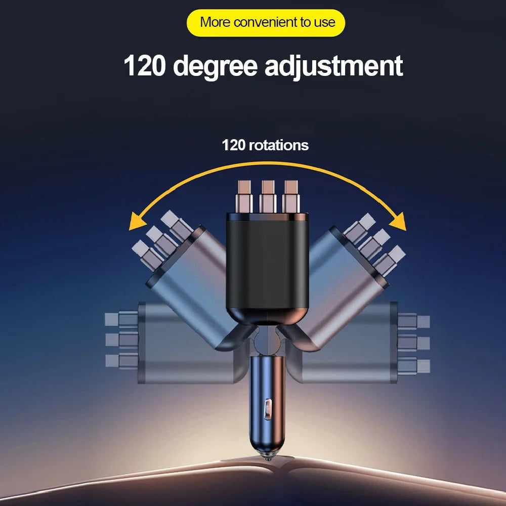 A close-up view of a 7-in-1 car charger with digital voltmeter and three retractable cables, demonstrating 120 degree adjustm