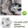 A close-up view of a brake caliper piston tool and a square driver for automotive repair.