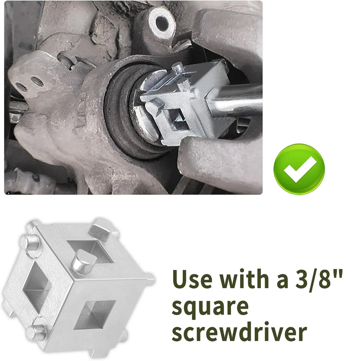 A close-up view of a brake caliper piston tool and a square driver for automotive repair.