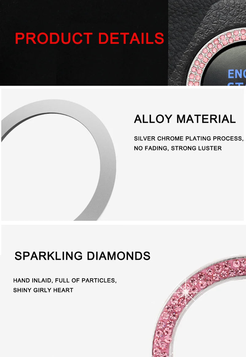 Close-up of a silver chrome alloy button cover decorated with pink sparkling diamonds.