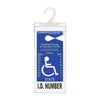 A clear plastic parking permit holder with a white hanger and space for an ID number.