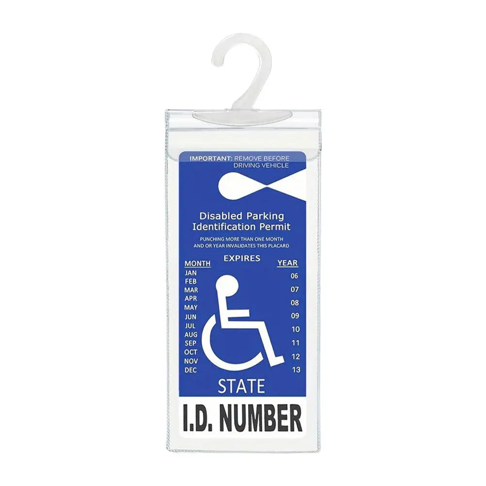 A clear plastic parking permit holder with a white hanger and space for an ID number.