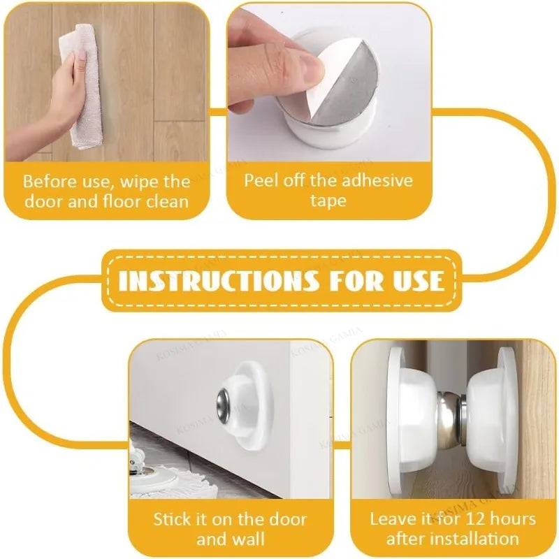 Instructions showing how to use a magnetic door catch for RVs and trailers by peeling adhesive tape and sticking it on a door