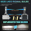Comparison showing 1:1 beam position and socket height of LED bulbs versus a xenon lamp, highlighting 500% brighter light.