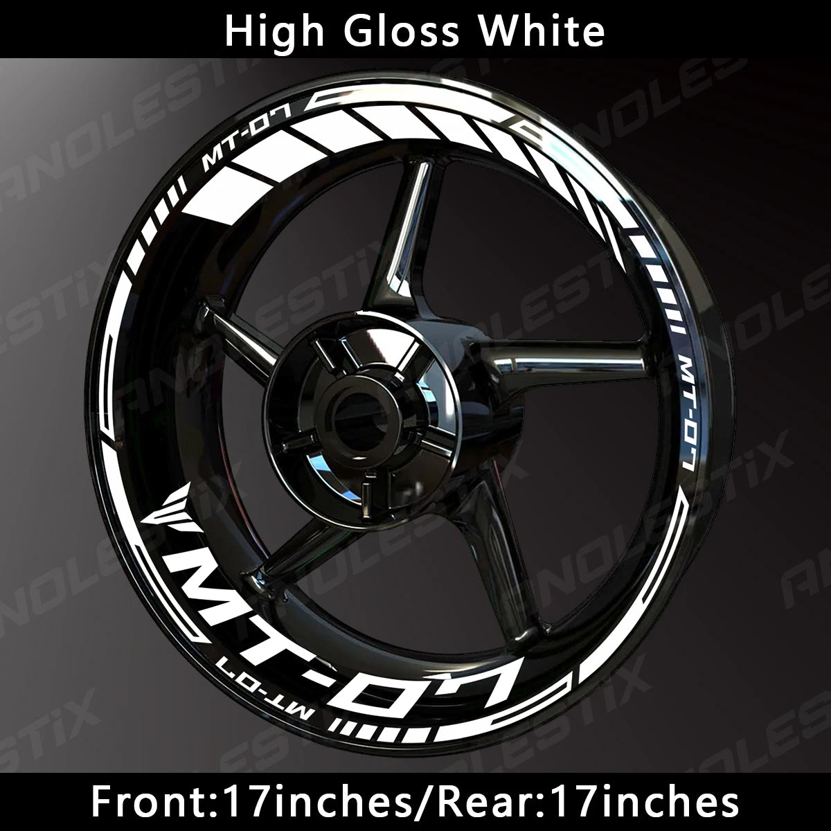 High Gloss White motorcycle wheel decals for Yamaha MT-07 featuring a black spoke design.