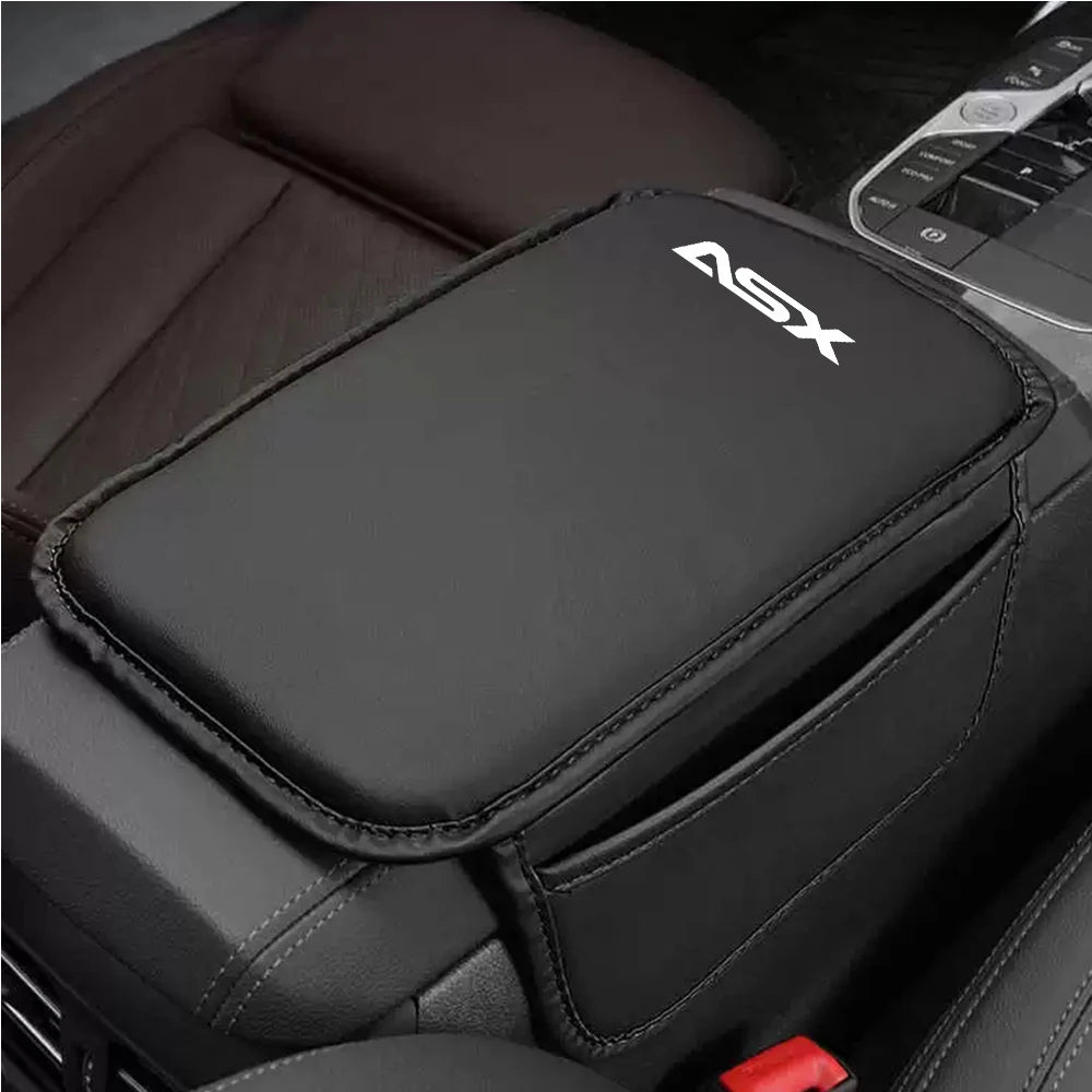Black leather car armrest protector with ASX branding and storage pad