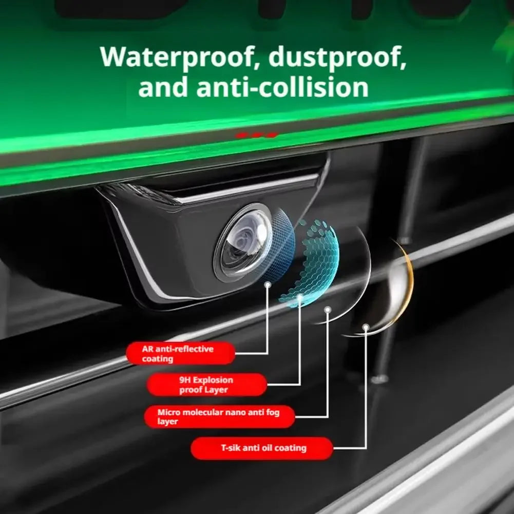 Close-up of a car camera lens protector showing various protective layers like AR coating and anti-collision features.