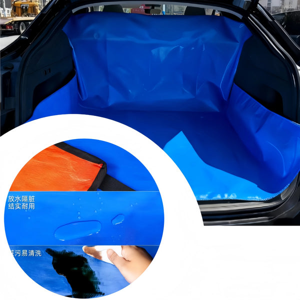 Blue waterproof car trunk liner mat installed in a vehicle trunk.
