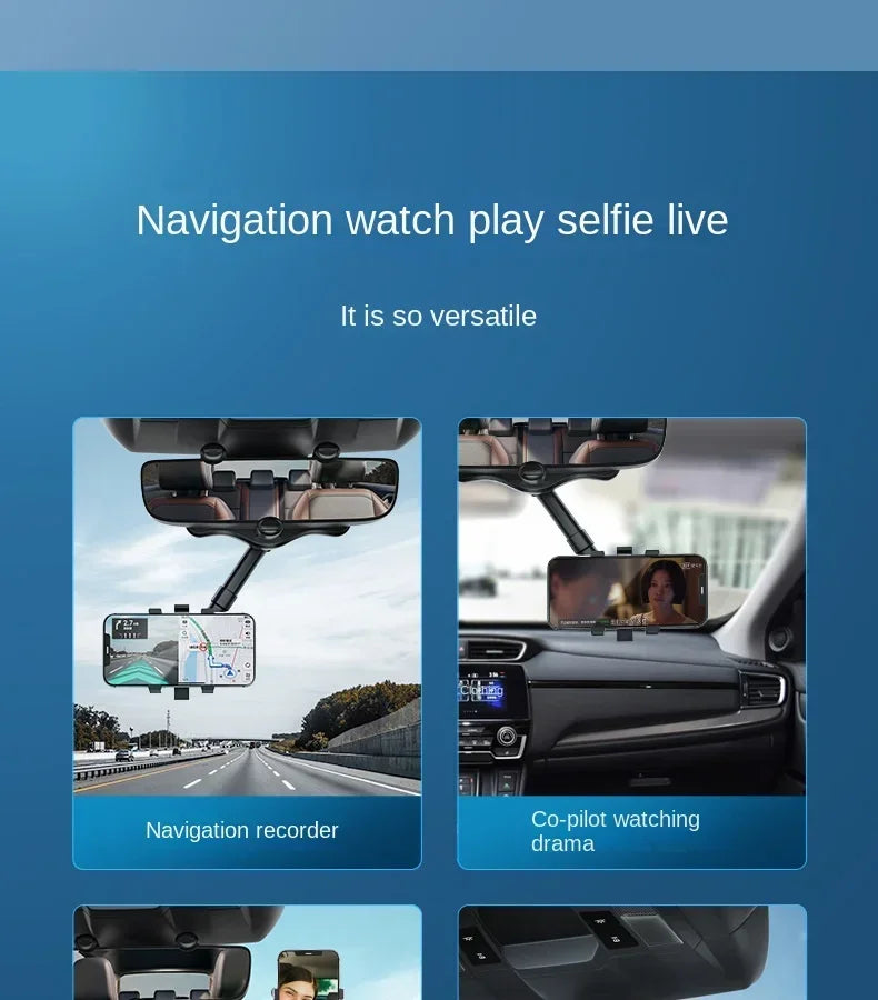 A navigation watch play selfie live device is shown mounted in a car interior for navigation recording and co-pilot watching.