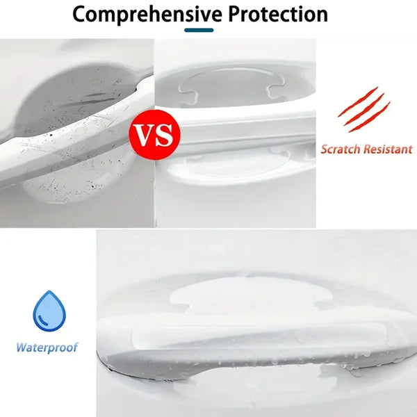 Comparison showing a scratch resistant film versus waterproof protection for a door handle.
