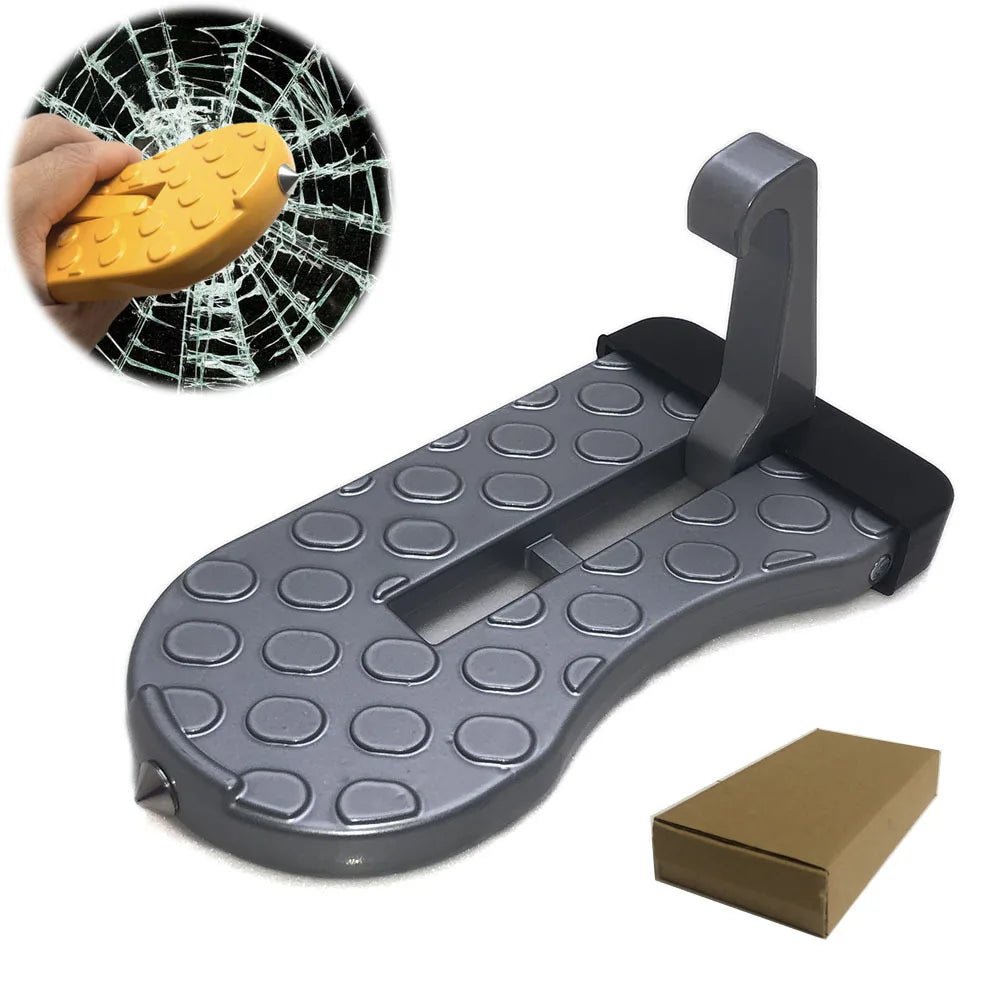 A gray heavy-duty vehicle roof access hook is shown next to a small cardboard box.