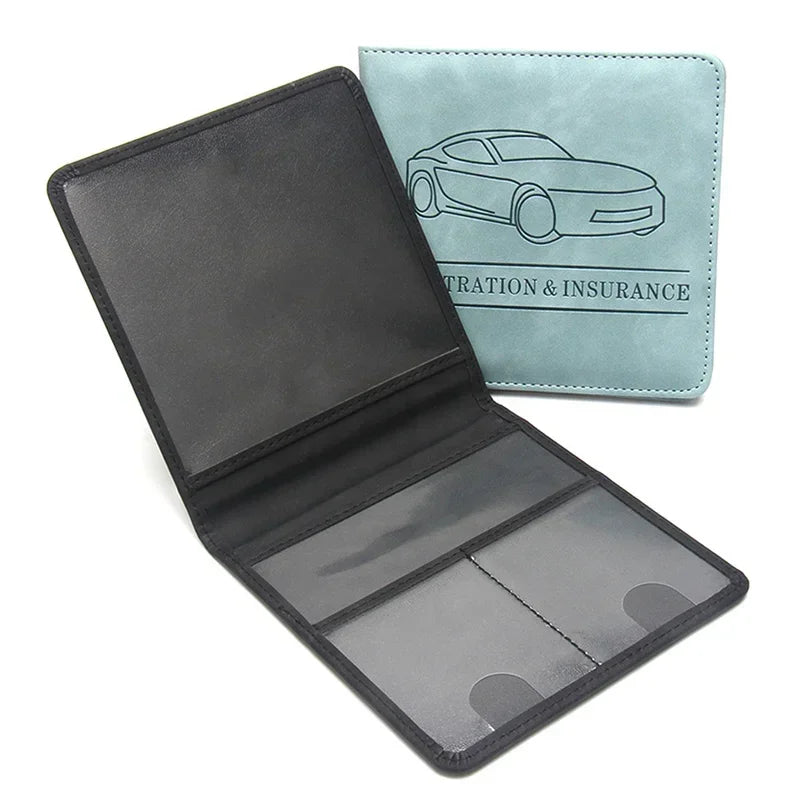 A black leather document holder with a light blue card sleeve featuring a silhouette of a car.