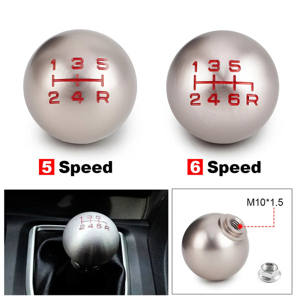 Two aluminum matte ball shift knobs, labeled 5 Speed and 6 Speed, shown with an M10x1.5 threaded insert.