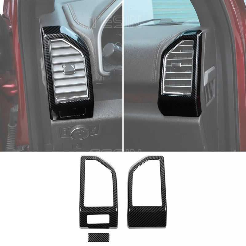 Finition de console centrale en fibre de carbone pour Ford F-150 avec accents en plastique noir texturé.