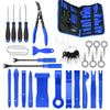 Collection d'outils pour retirer les garnitures automobiles bleu et noir, incluant pinces, tournevis et outils spécialisés.