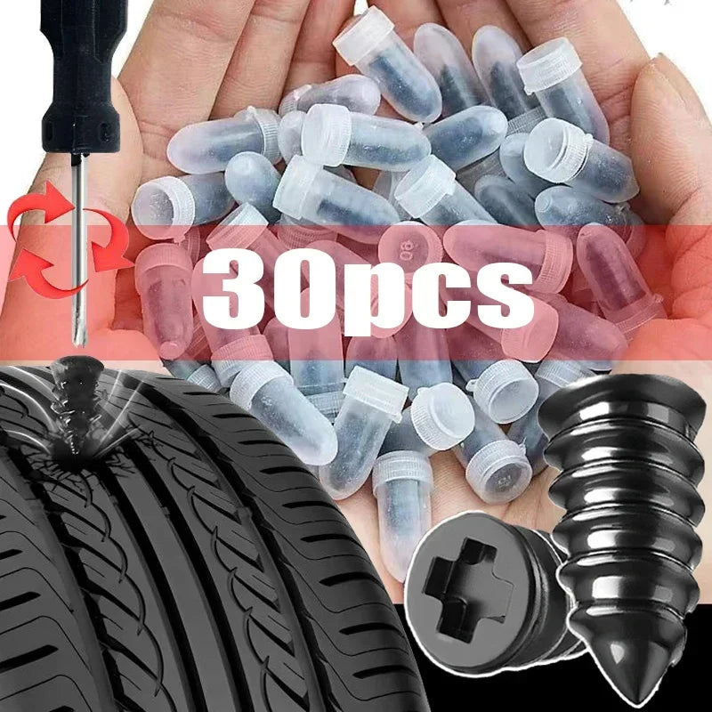 A hand holds a pile of 30 plastic tire repair nails and a black tire iron.