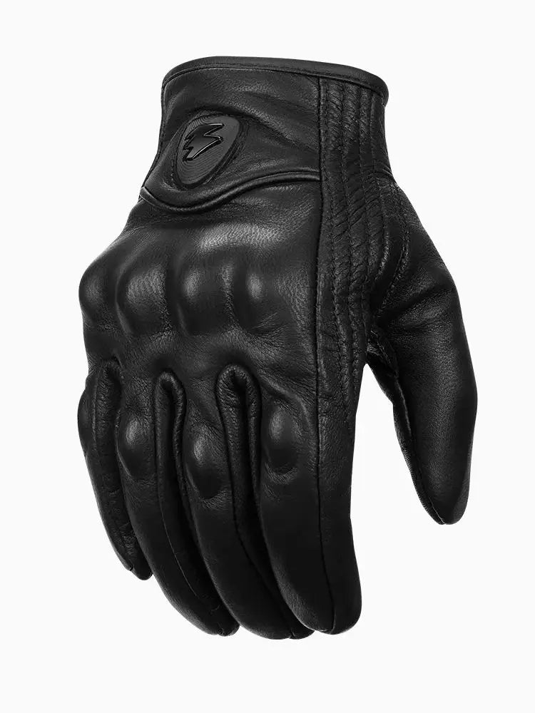 Black leather motorcycle and cycling gloves with a stitched design and a logo on the back of the hand.