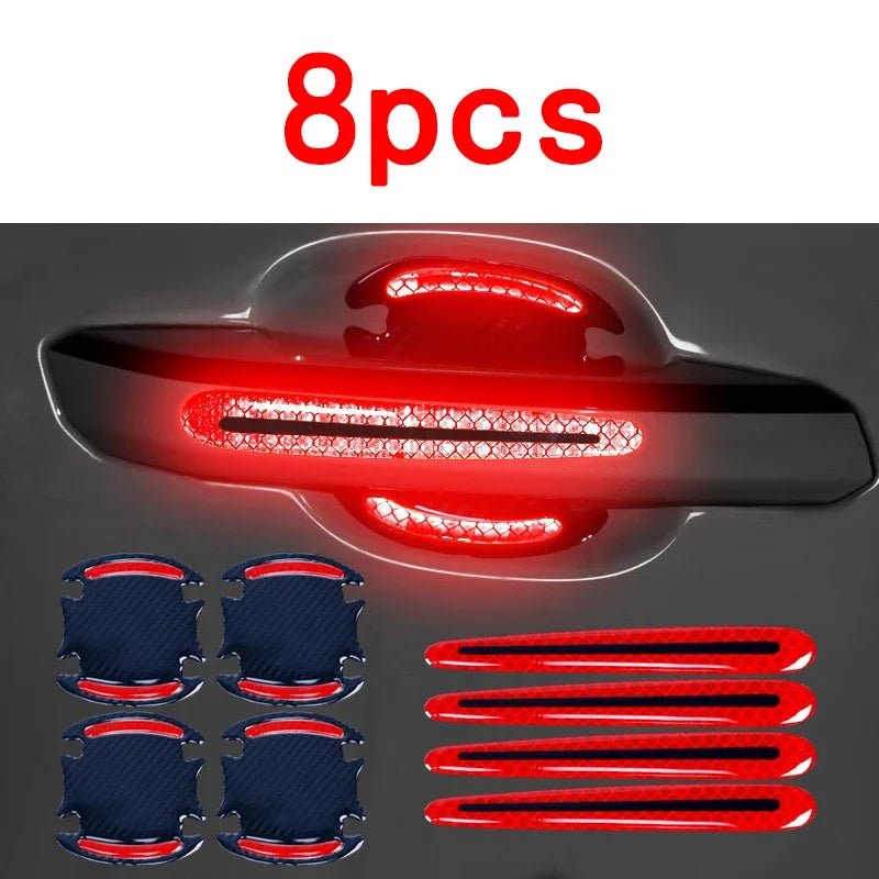 Eight reflective red stickers designed to protect car door handles and locks.