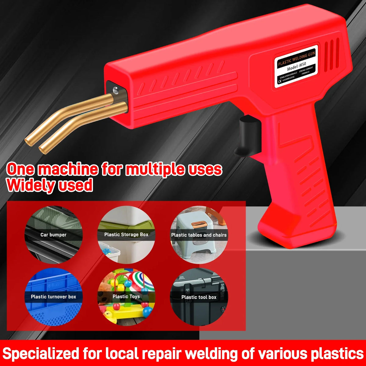 A red plastic welding gun used for repairing various plastics like car bumpers, storage boxes, and tools.