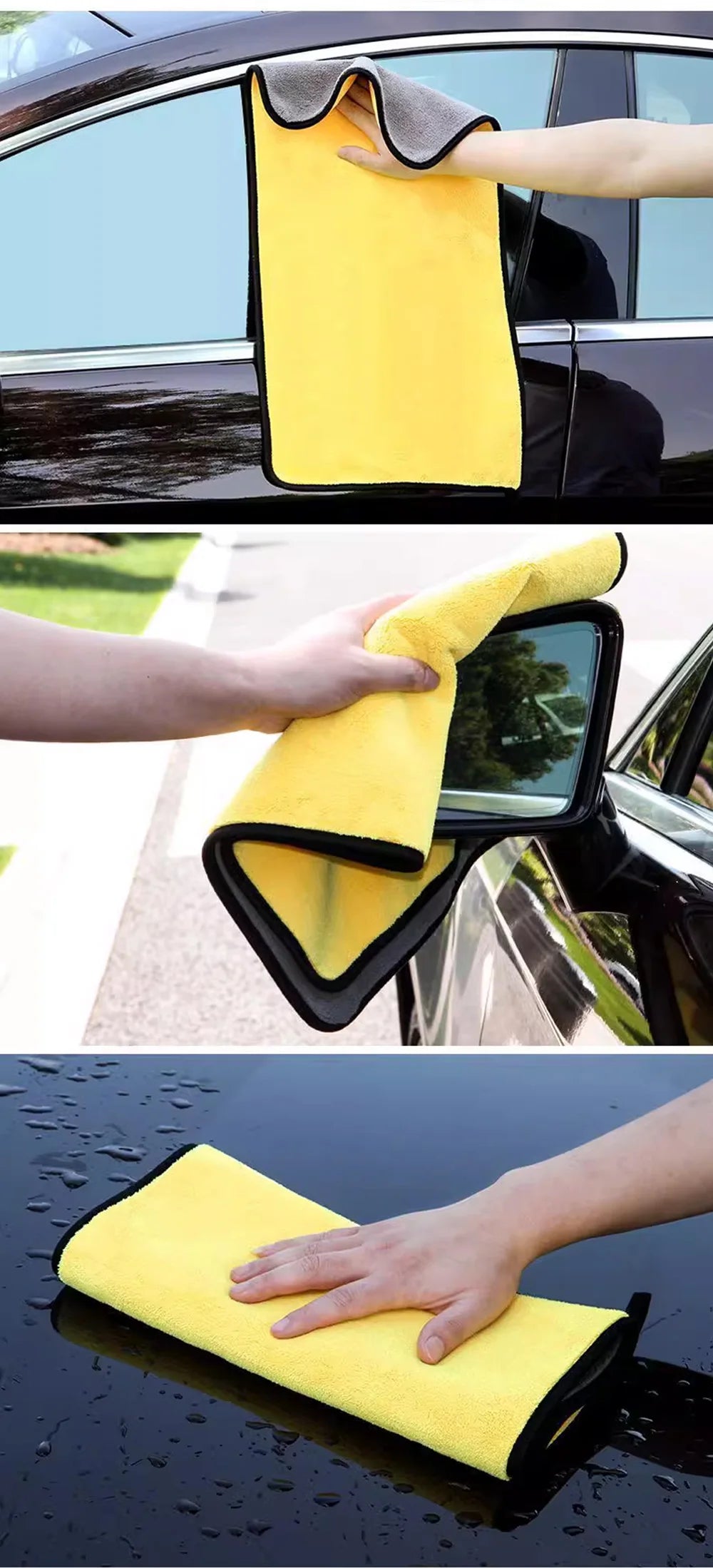 A hand is using a yellow microfiber car washing towel to clean the exterior of a car.