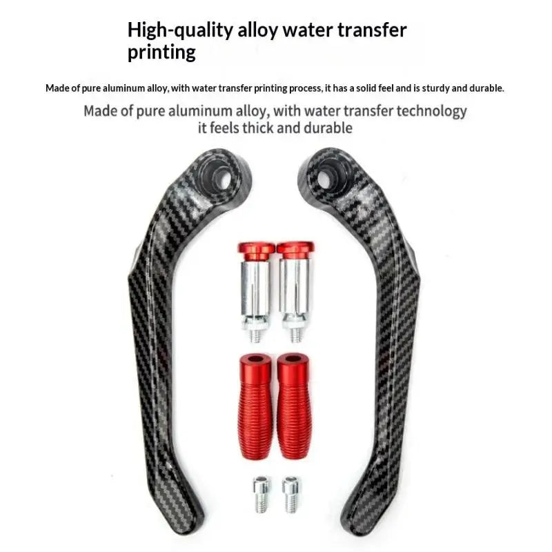 A set of black aluminum alloy water transfer printed motorcycle hand guards and lever protectors.