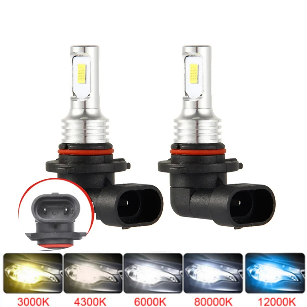 Set of high-performance LED headlight bulbs with various color temperatures including 3000K, 4300K, 6000K, 8000K, and 12000K.