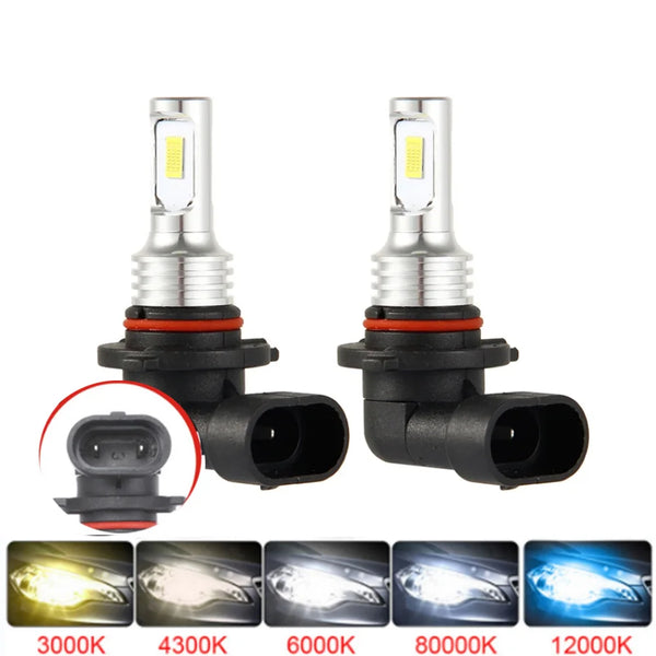 Set of high-performance LED headlight bulbs with various color temperatures including 3000K, 4300K, 6000K, 8000K, and 12000K.