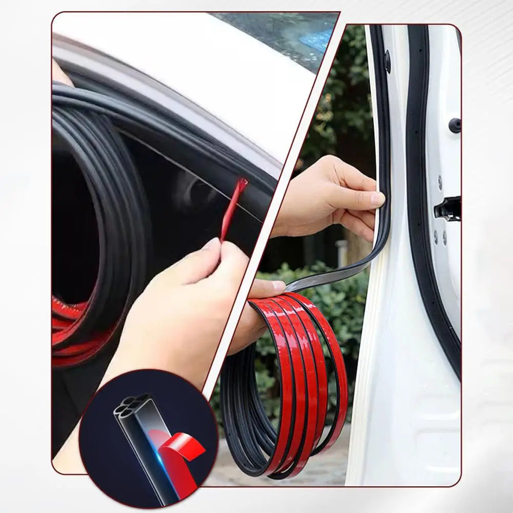 A hand is installing a black rubber door seal strip on a white car door, showing the product's flexible and weather-stripping