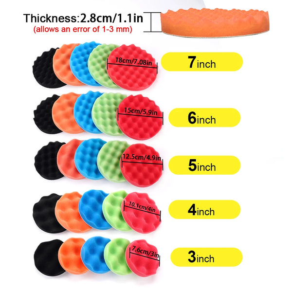 Un juego de almohadillas de espuma para pulir coches de varios tamaños y colores, con grosores de 3 a 7 pulgadas.
