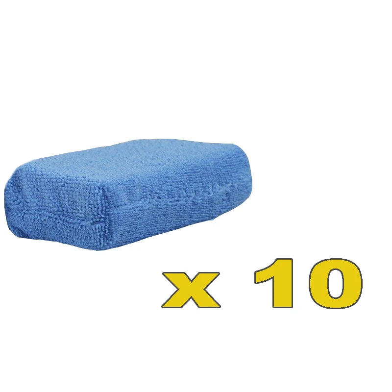 Ten blue microfiber car wax applicator pads for polishing and waxing.