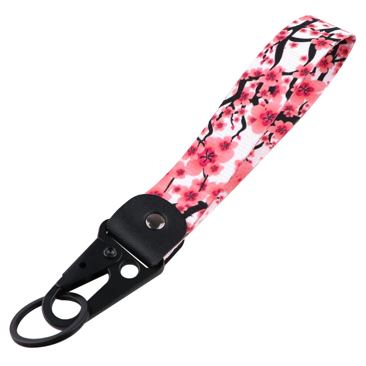 Pink cherry blossom patterned wrist strap lanyard with a black clip and keyring