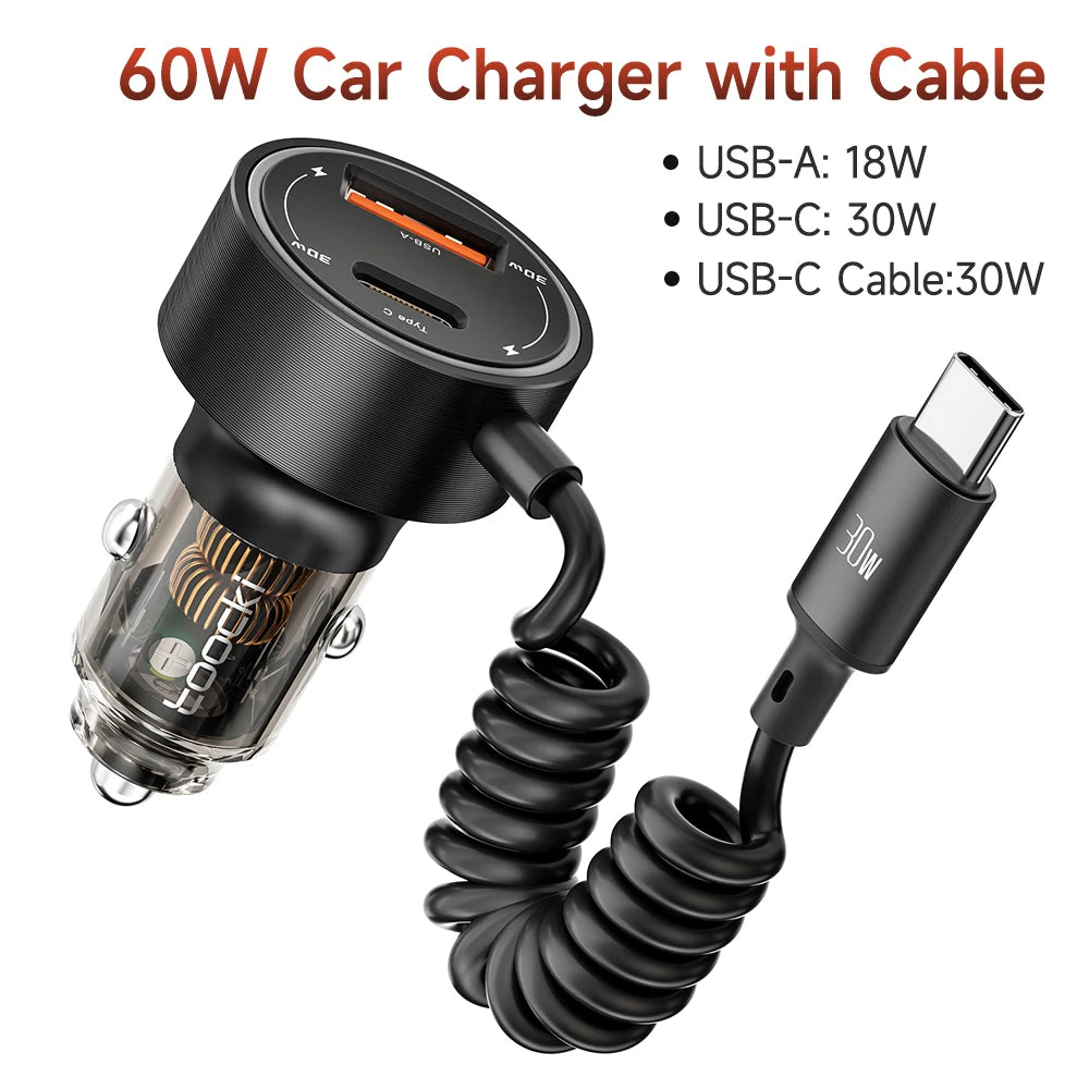 A black 60W car charger with a cable, featuring USB-A and USB-C ports.