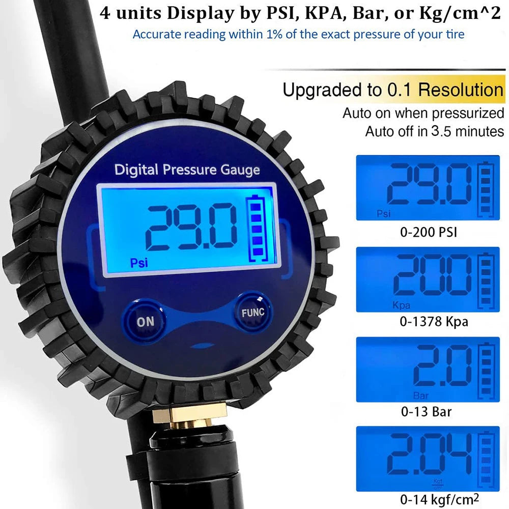 Digital tire pressure gauge displaying 29.0 PSI, KPa, Bar, and Kg/cm^2 measurements.