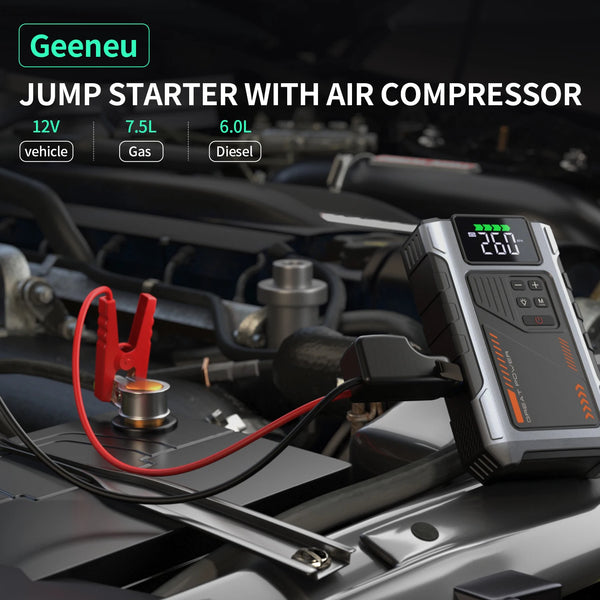 A portable jump starter device is shown connected to a vehicle engine, with options for 12V, gas, or diesel vehicles.