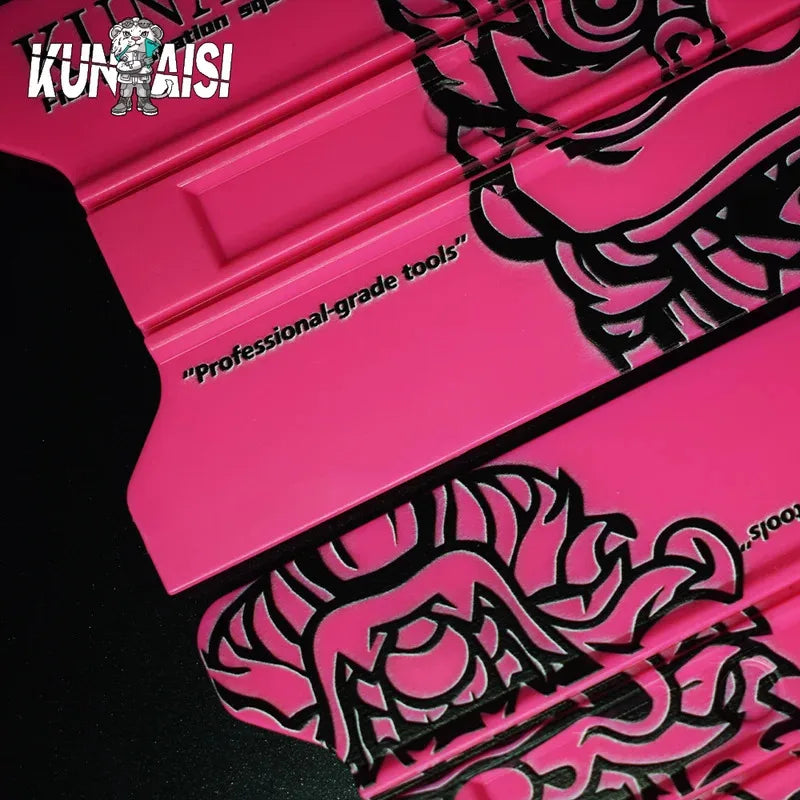 A pink magnetic suction car vinyl wrap film scraper kit with black graphic designs.