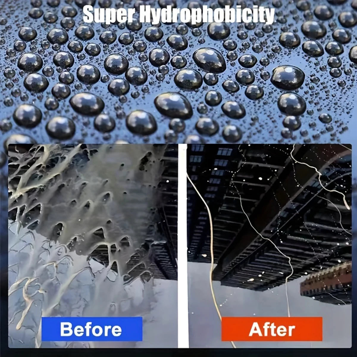 Close-up of water beading on a surface demonstrating super hydrophobicity before and after ceramic coating application.