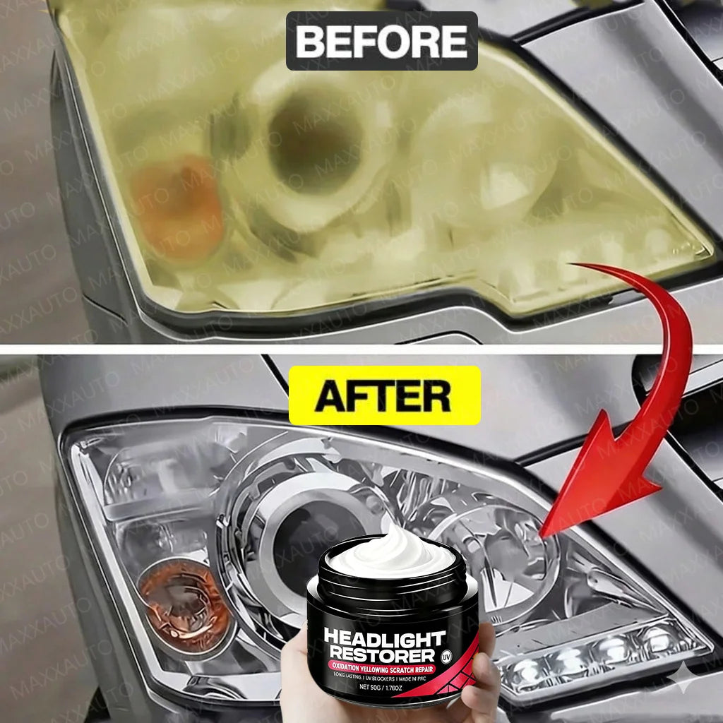 Before and after comparison of a headlight restorer kit on an automotive light assembly.