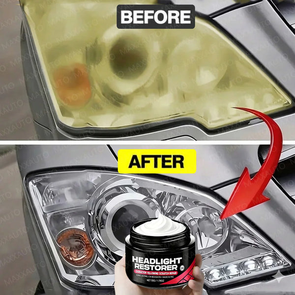 Before and after comparison of a headlight restorer kit on an automotive light assembly.