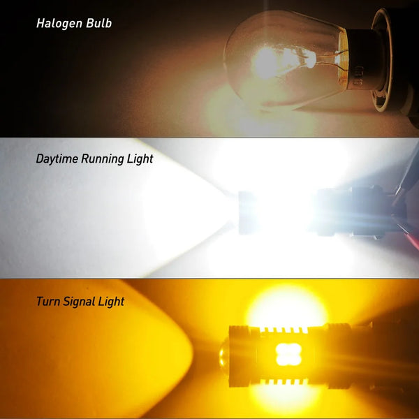 Three light sources demonstrating a halogen bulb, daytime running light, and turn signal light.