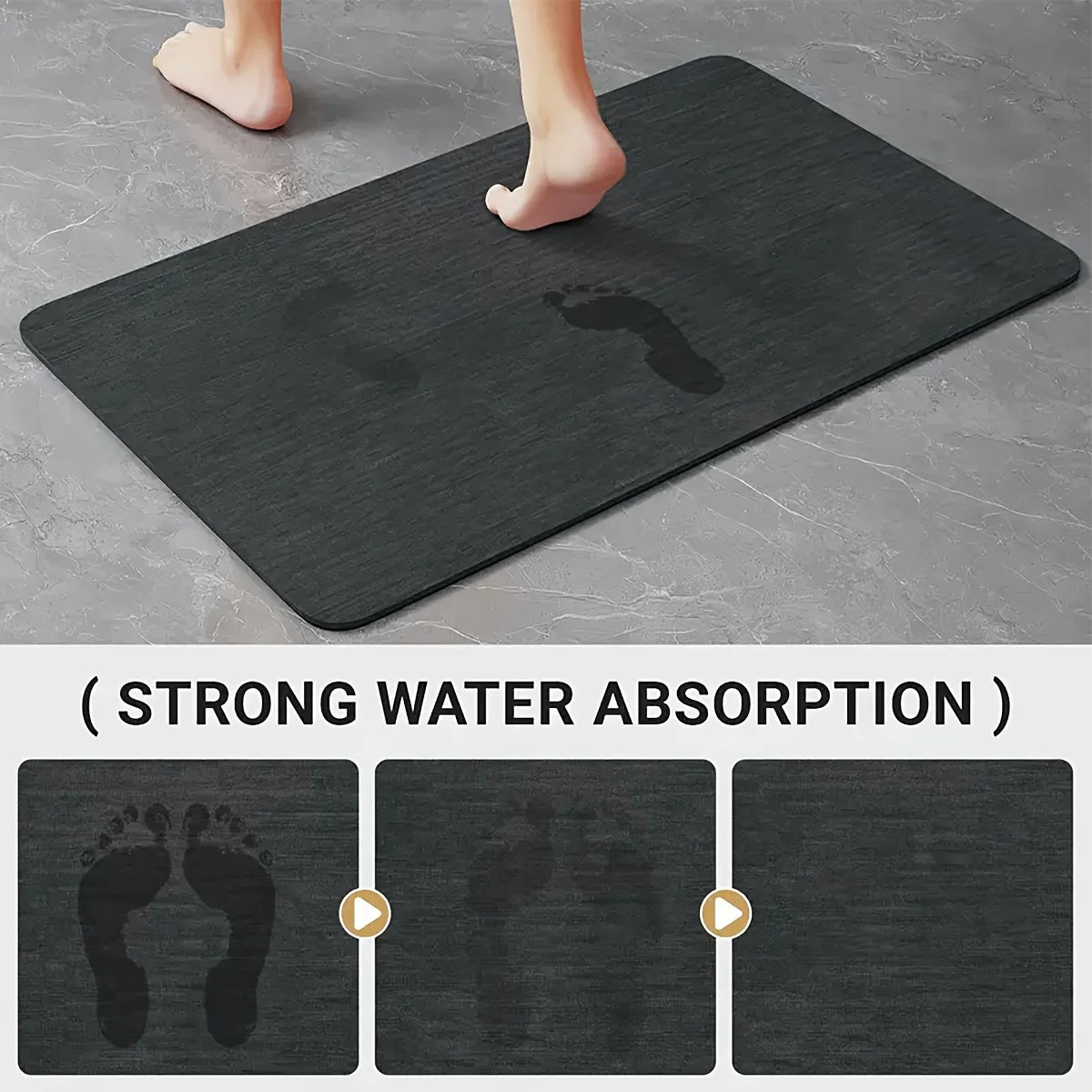 A dark gray pet drinking mat with a textured surface showing footprints and a close-up of absorbent material.