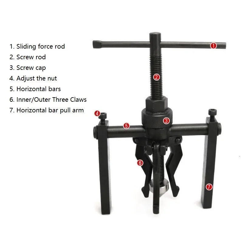 A black three-claw bearing puller tool with various components like a sliding force rod and horizontal bars.