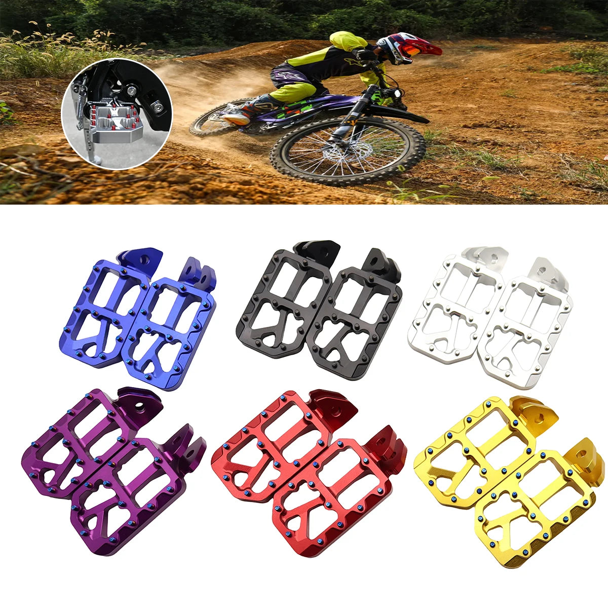 Eine Sammlung farbenfroher CNC-Aluminium-Fußstützen für Sur Ron E-Bikes in verschiedenen Farben und Winkeln.