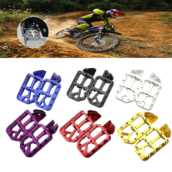 A collection of colorful CNC aluminum foot pegs for Sur Ron electric bikes shown in various colors and angles.