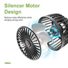 A close-up view of a black car cooling fan with a silencer motor design showing the internal blades.