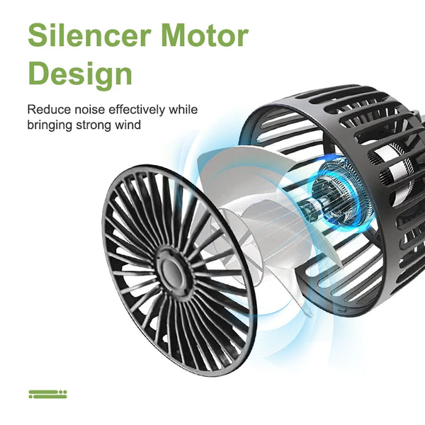 A close-up view of a black car cooling fan with a silencer motor design showing the internal blades.