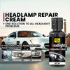 Bottle of Headlamp Repair Cream for restoring car headlights, showing various headlight issues.