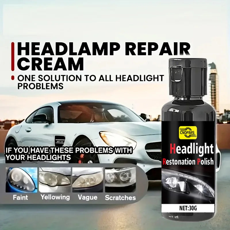 Bottle of Headlamp Repair Cream for restoring car headlights, showing various headlight issues.