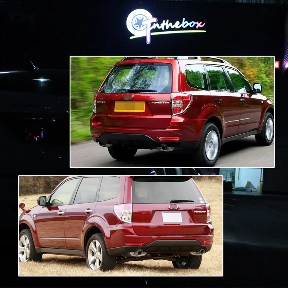Rear view of a red Subaru Forester with LED bumper reflector lights installed.