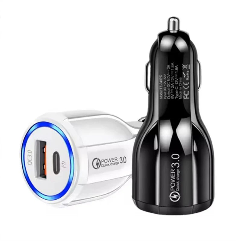 Black and white dual-port USB-C car charger featuring Power Delivery and Quick Charge 3.0 technology